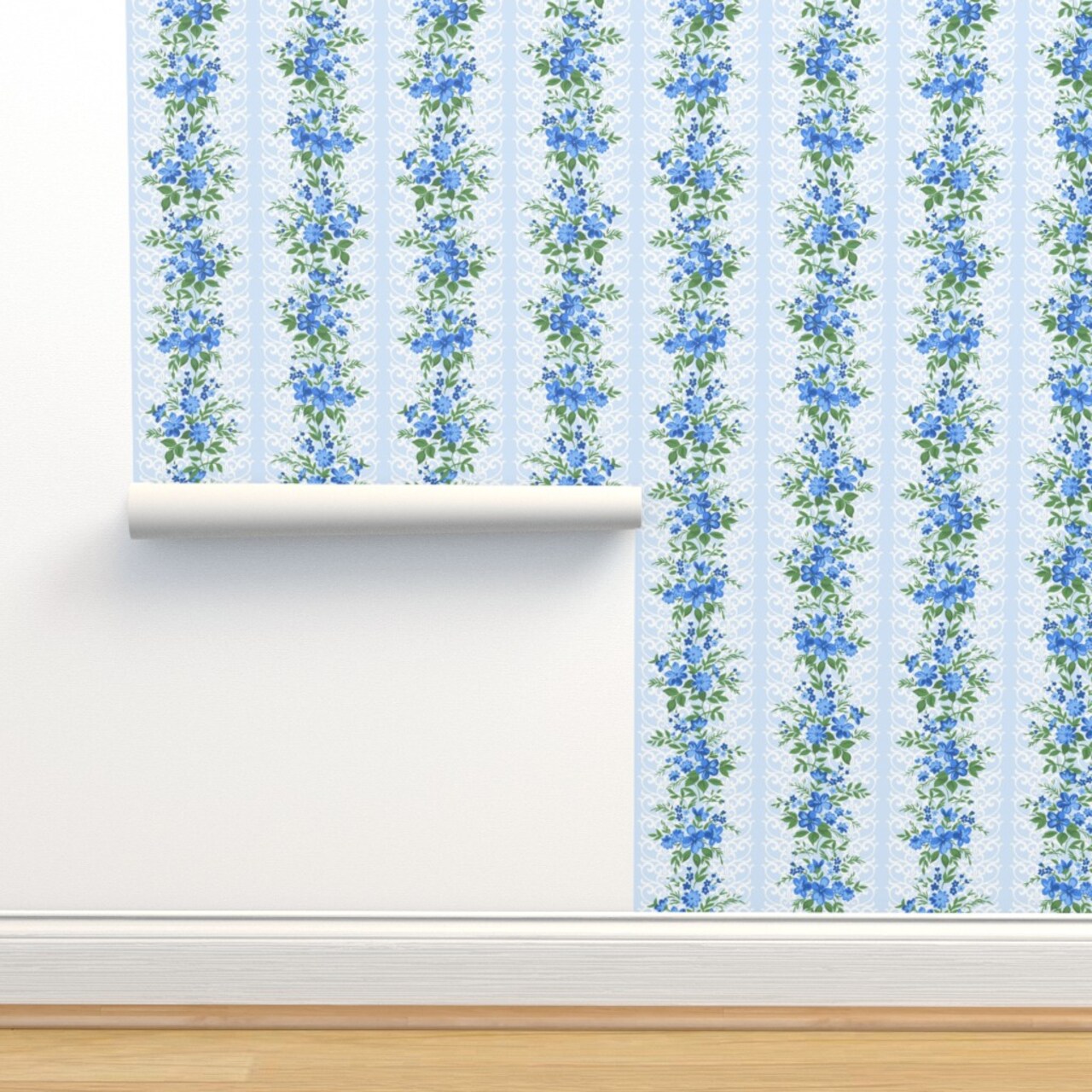Farmhouse Floral Shabby Chic Blue Cottage Core Romantic Vertical Stripe Small Scale Custom Pre-pasted Wallpaper by Spoonflower Pre-Pasted Wallpaper 2FT Wide